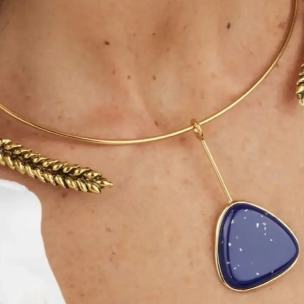 NWT Aurelie Bidermann Sofia Necklace in brass covered w 750 gold & lapis laquer